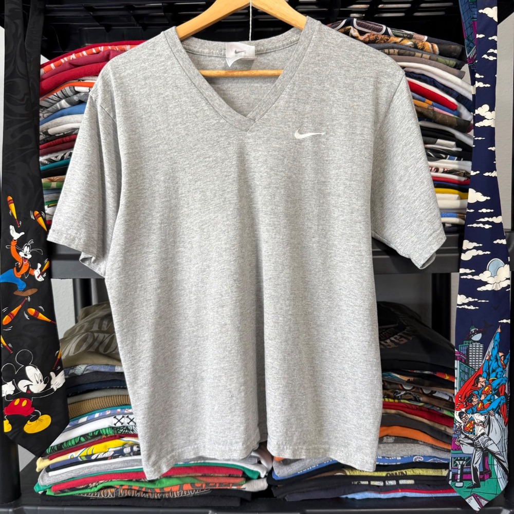 Vintage Gray Nike Embroidered Swoosh V-Neck T-Shirt Size Small Made In USA